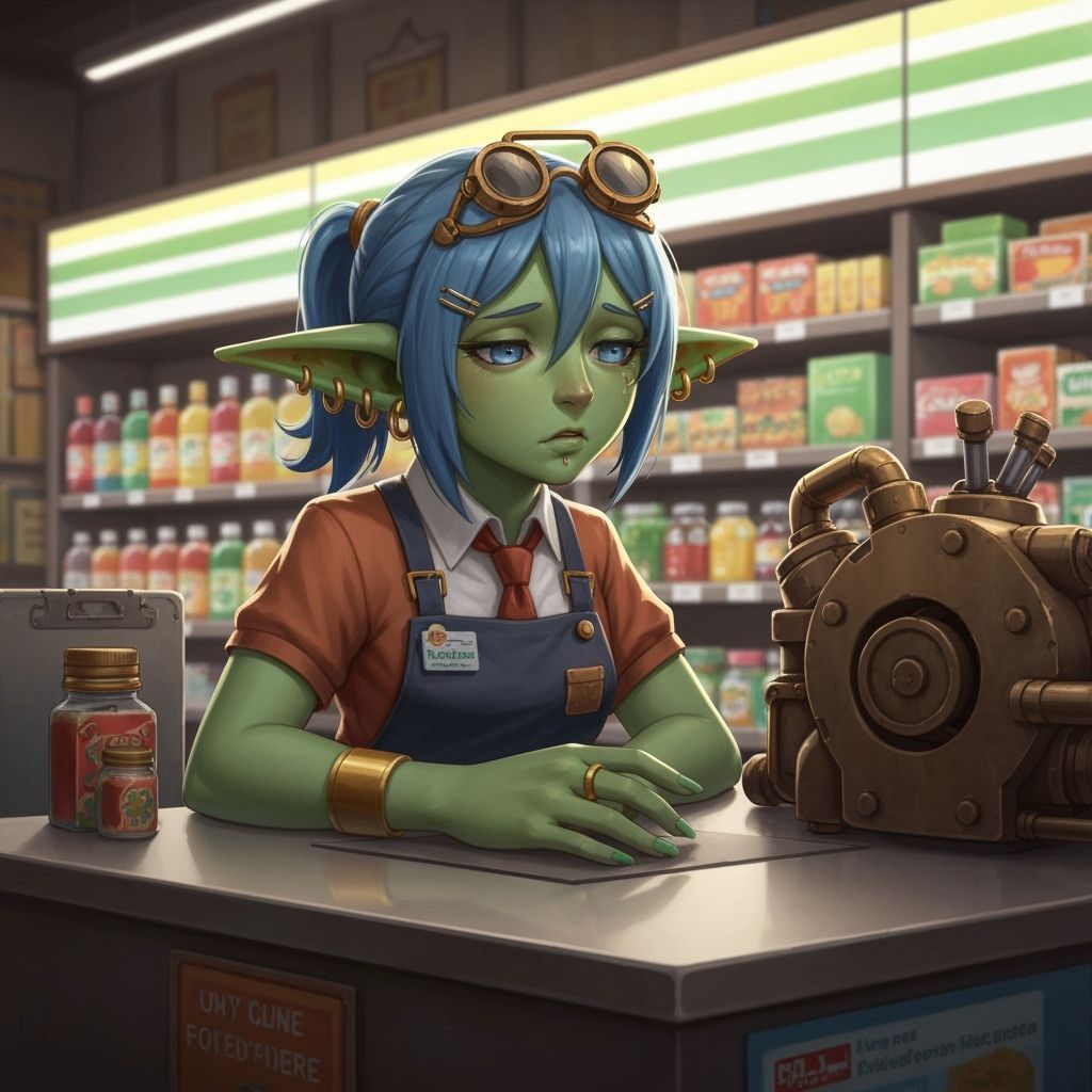 Anime Goblin Girl Works in Steampunk Convenience Store