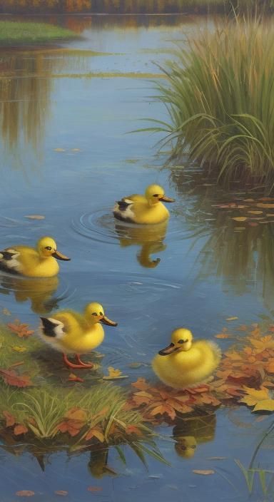 Ducklings in Pond: Realistic Oil Painting