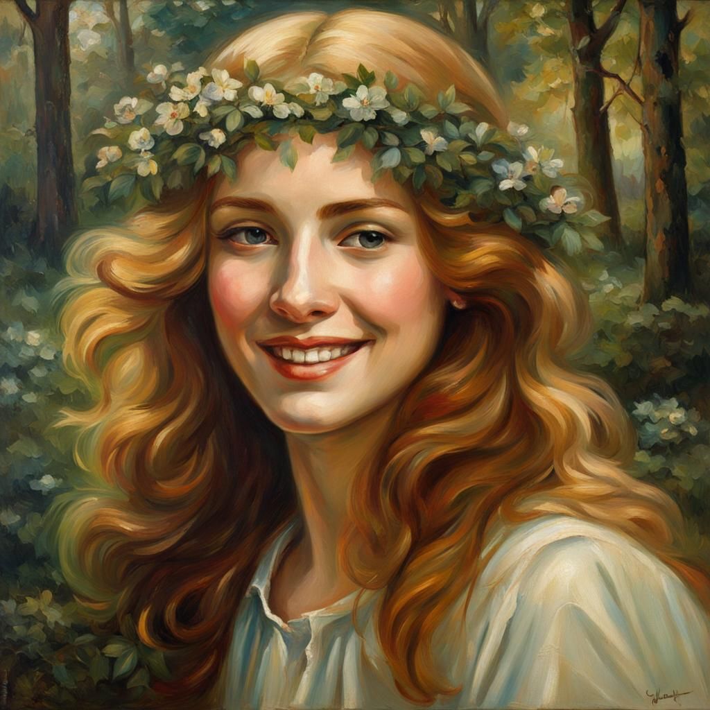 Smiling Woman in Forest: A Pre-Raphaelite Oil Painting