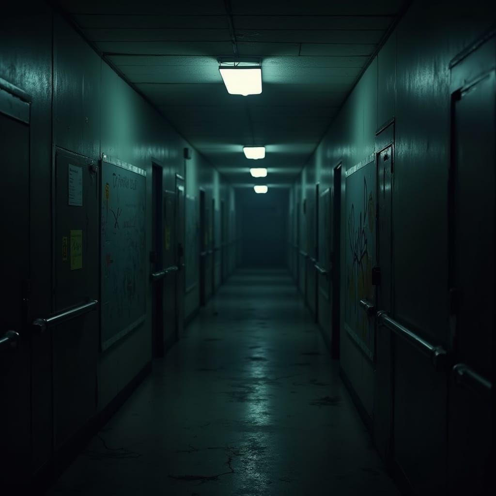 Eerie School Corridor in Cinematic Horror Style