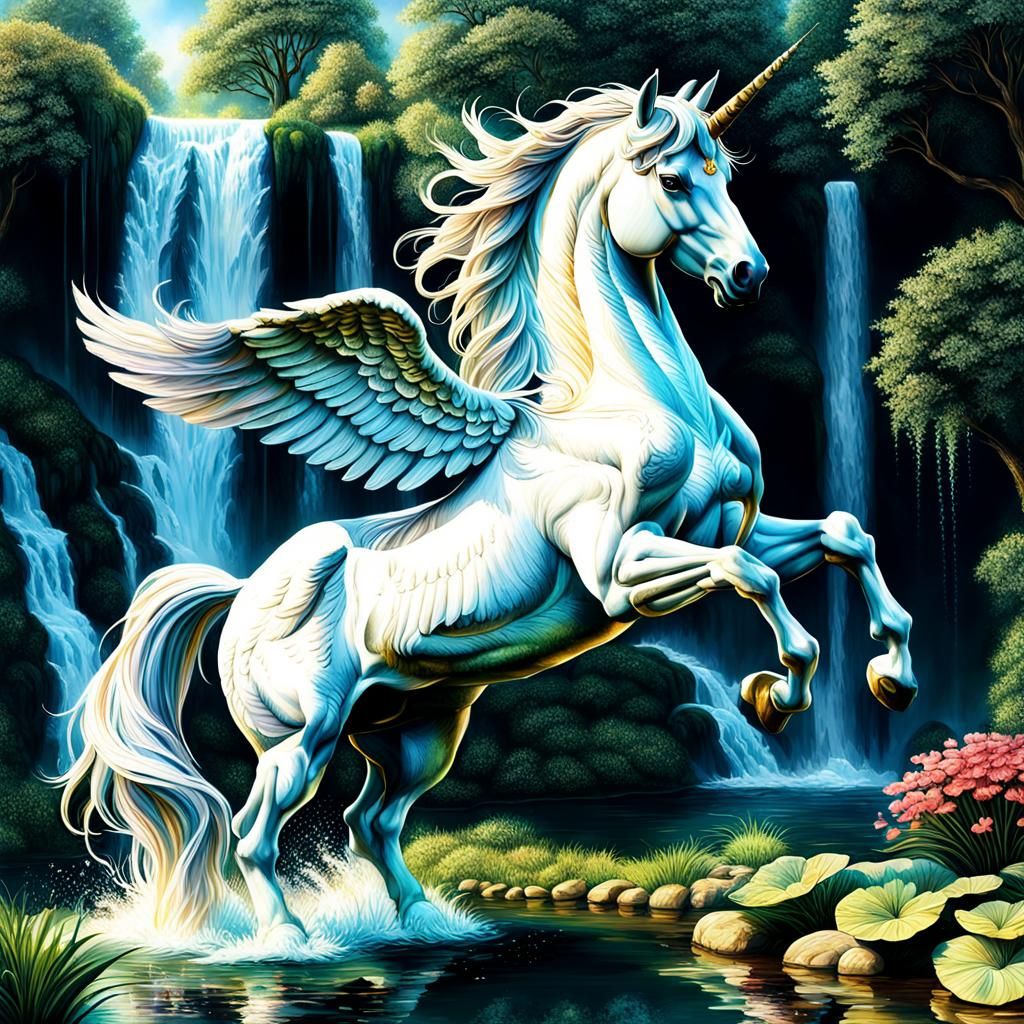 Detailed Unicorn-Pegasus at Magical Waterfall Garden