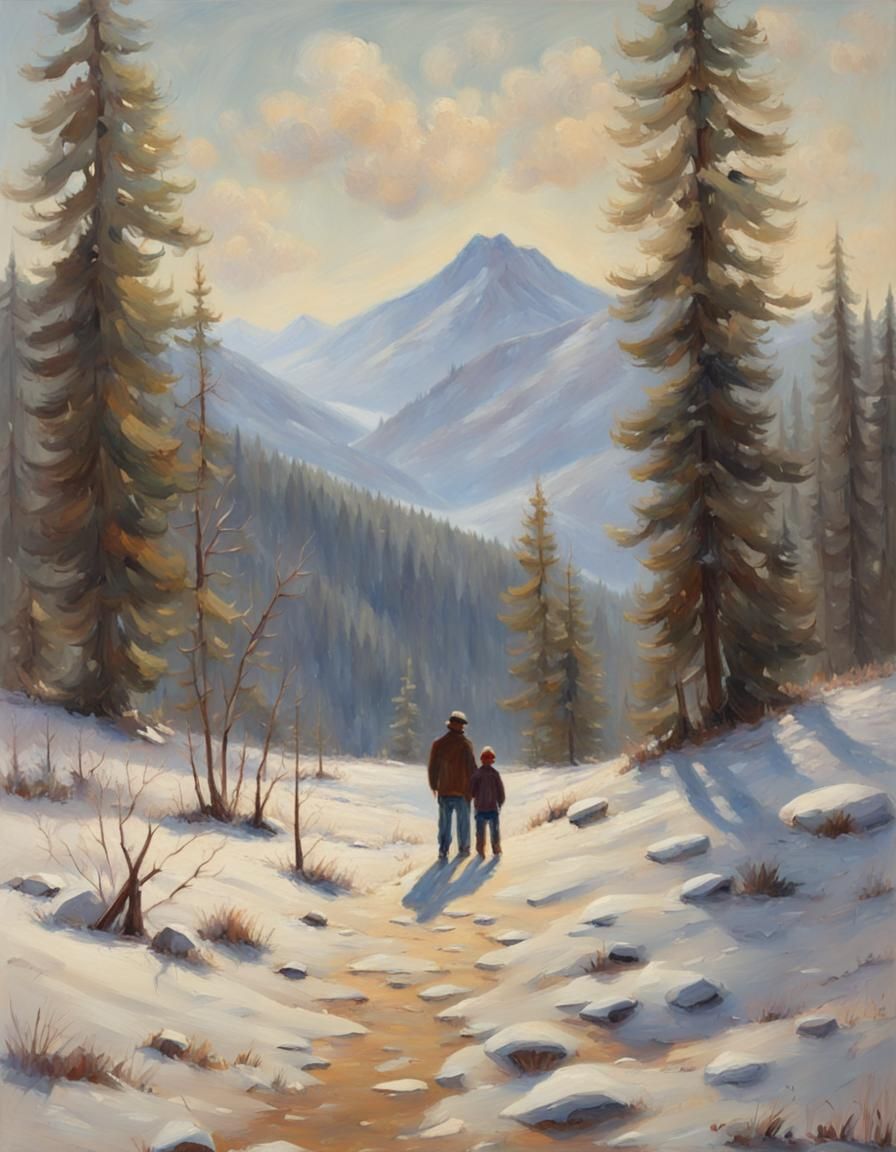 Winter Landscape: Father and Son in Impressionistic Style