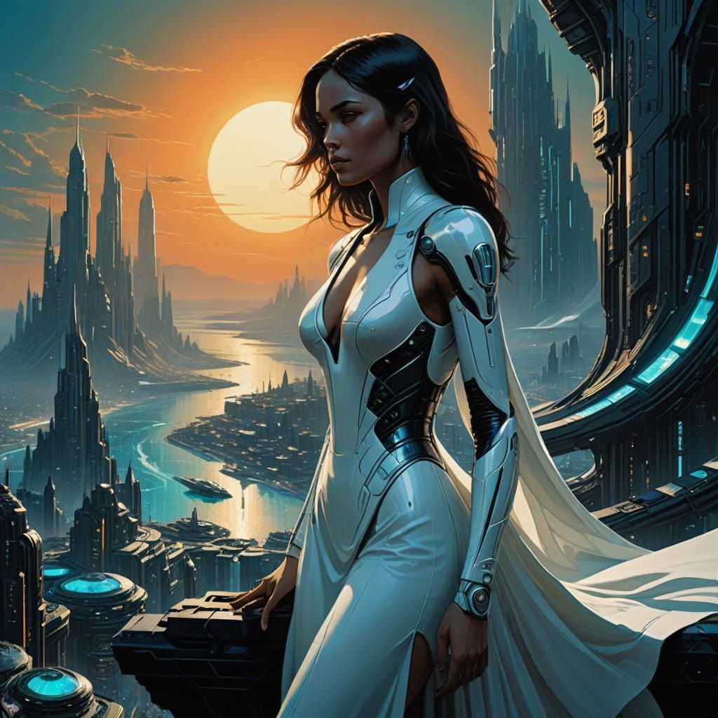 Futuristic City Goddess in Golden Hour