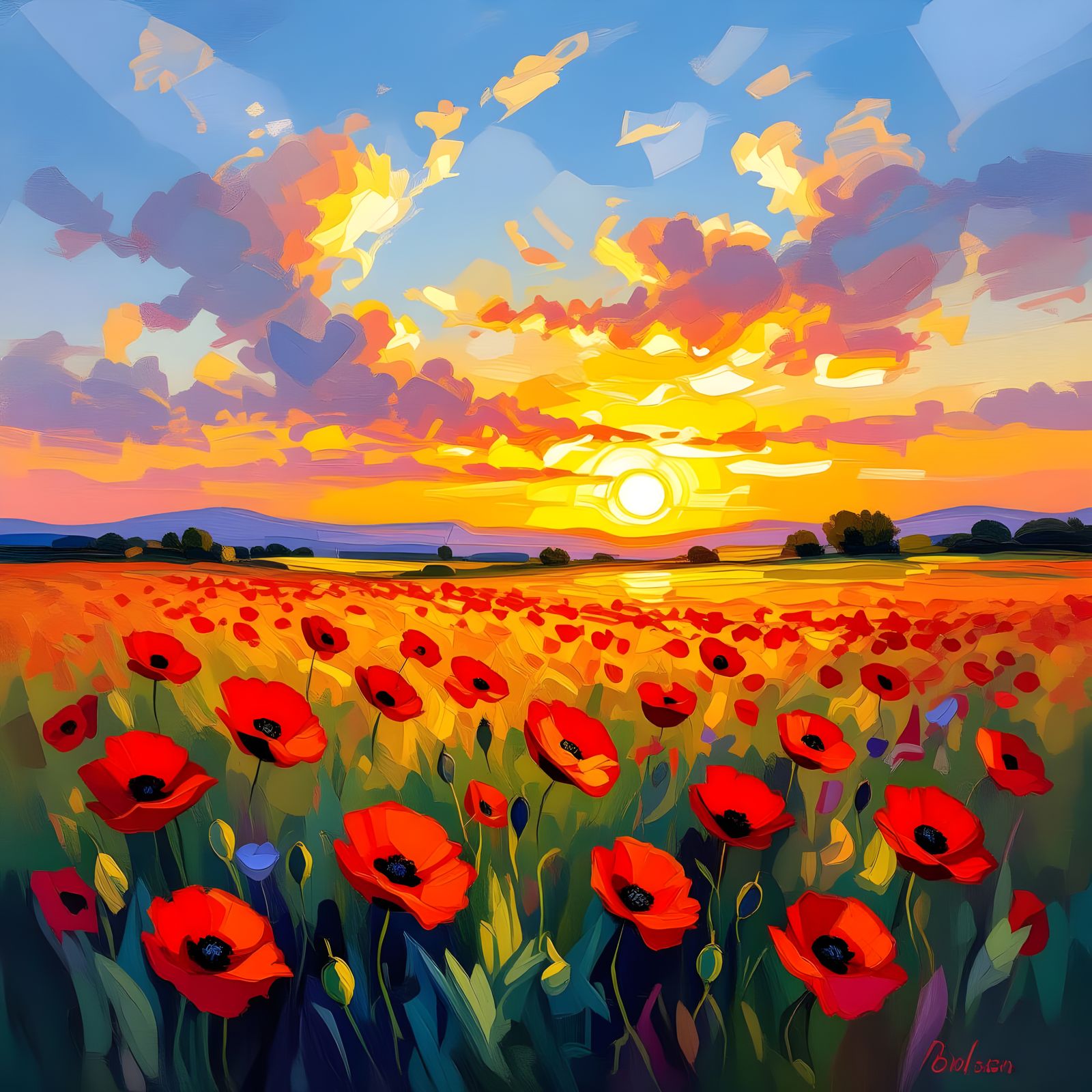 Poppy Field at Sunset in Expressionist Style