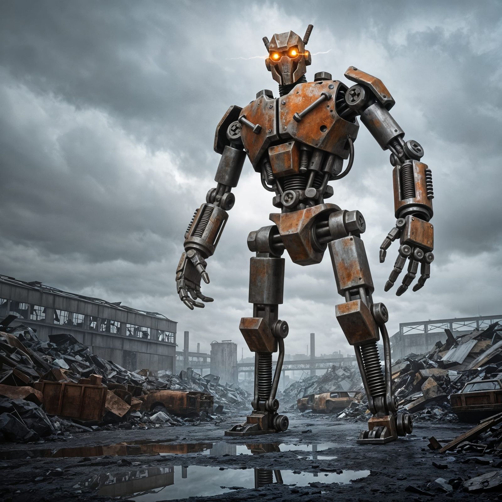 Massive Mechanical Sentinel in Post-Apocalyptic Scrapyard