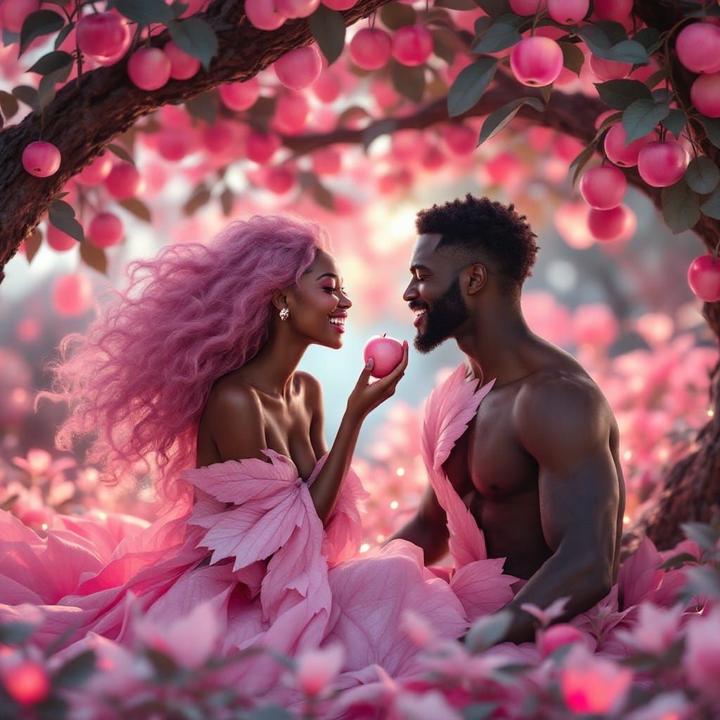 Dreamy Pink Garden Scene with Woman in Leaf Dress