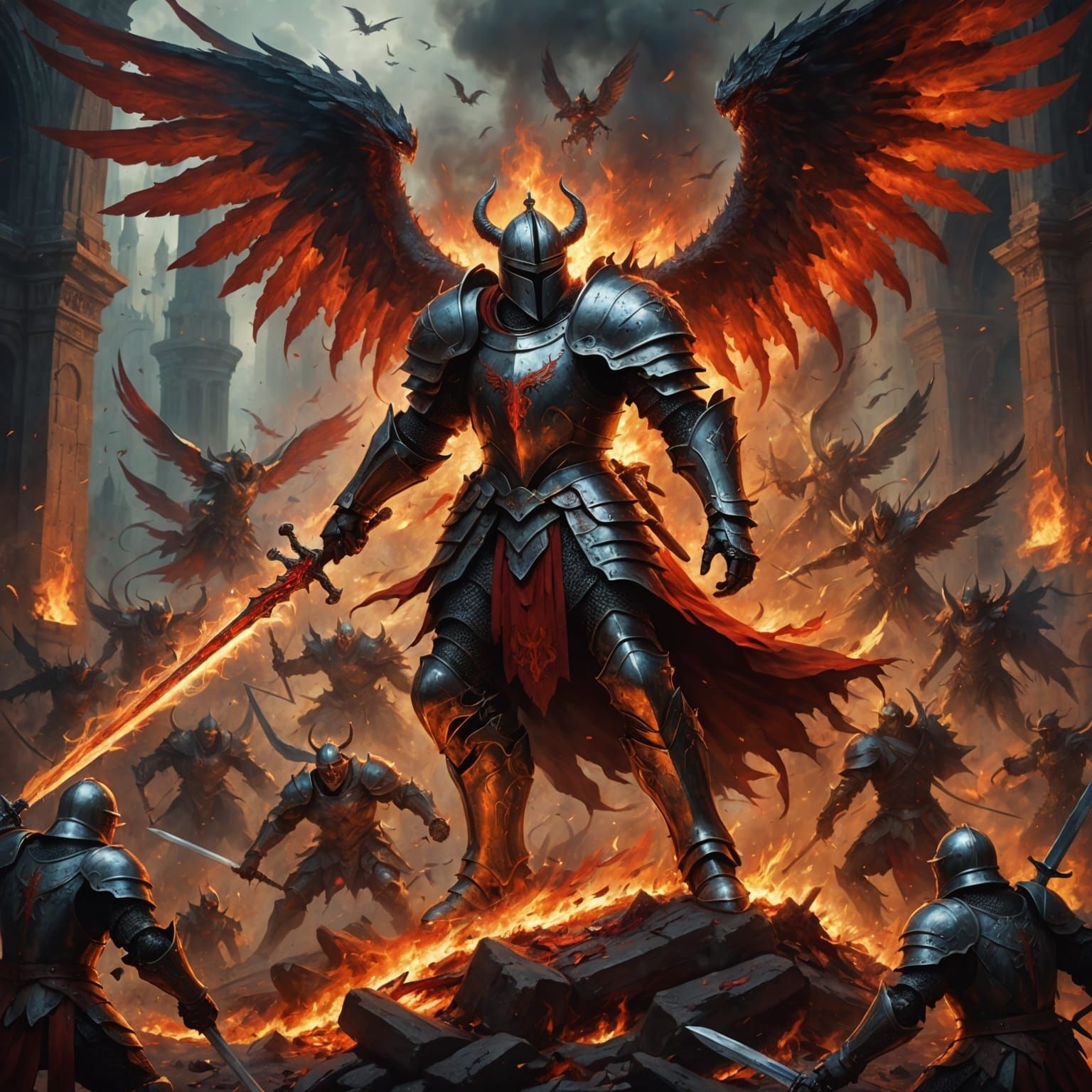 Knight with Angel Wings Fighting Demons in Oil