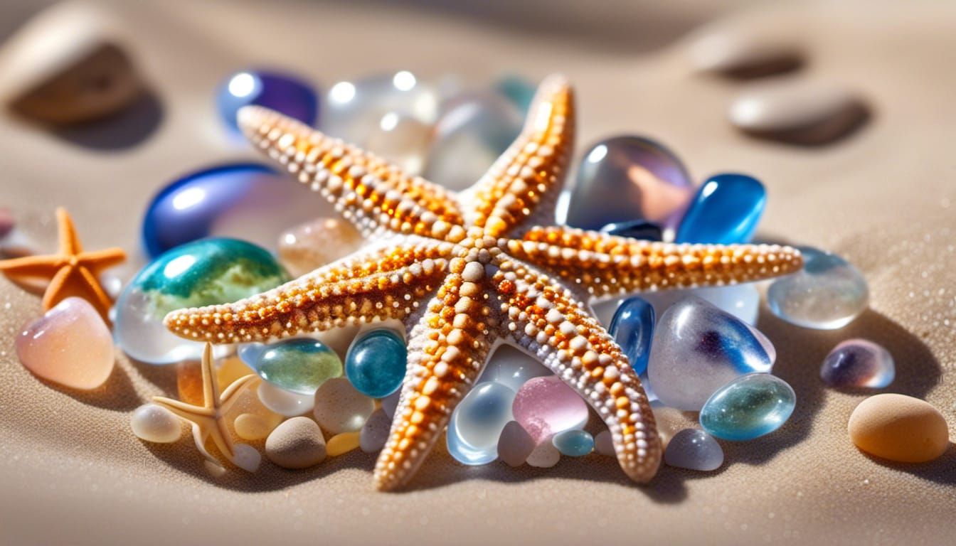 Gemstones in Glass Starfish on Sandy Beach