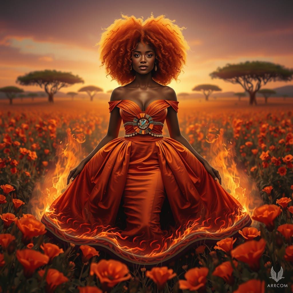 African Woman in Fiery Orange Hair Amidst Blooming Orange Fl...