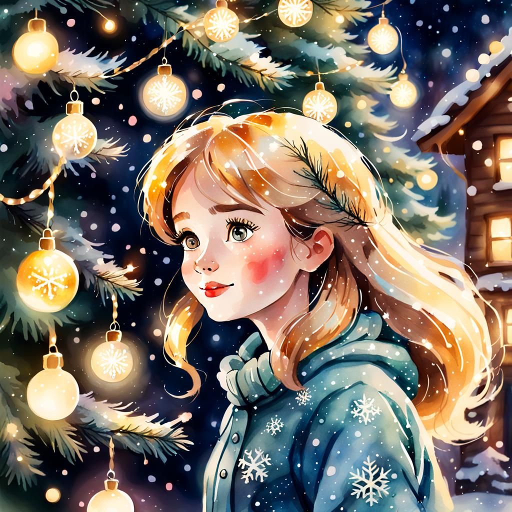 Festive Lady Decorating Christmas Tree in Watercolor