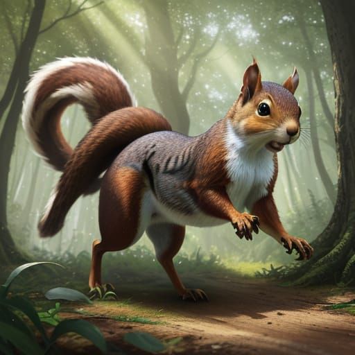 Energetic Squirrel Chase in Forest Digital Painting