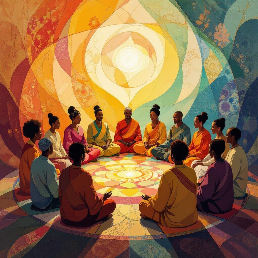 Abstract Ubuntu Vision of Diverse Sangha in Ethereal Light