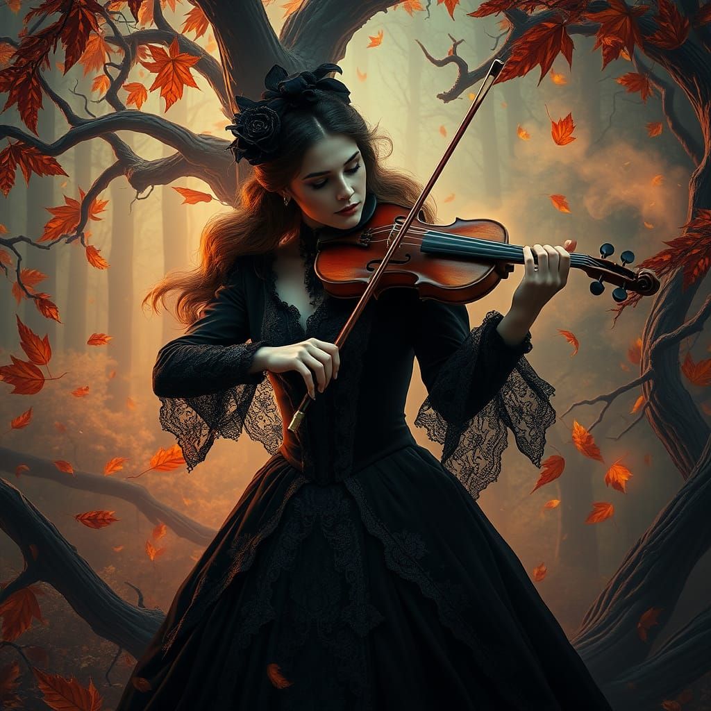 Elegant Woman in Gothic Attire Plays Haunting Melody