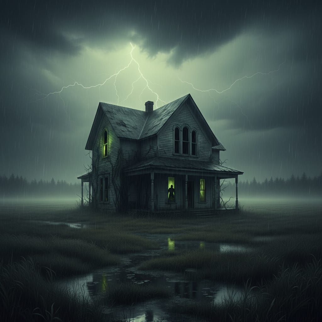 Old House in Stormy Field with Unhealthy Glow