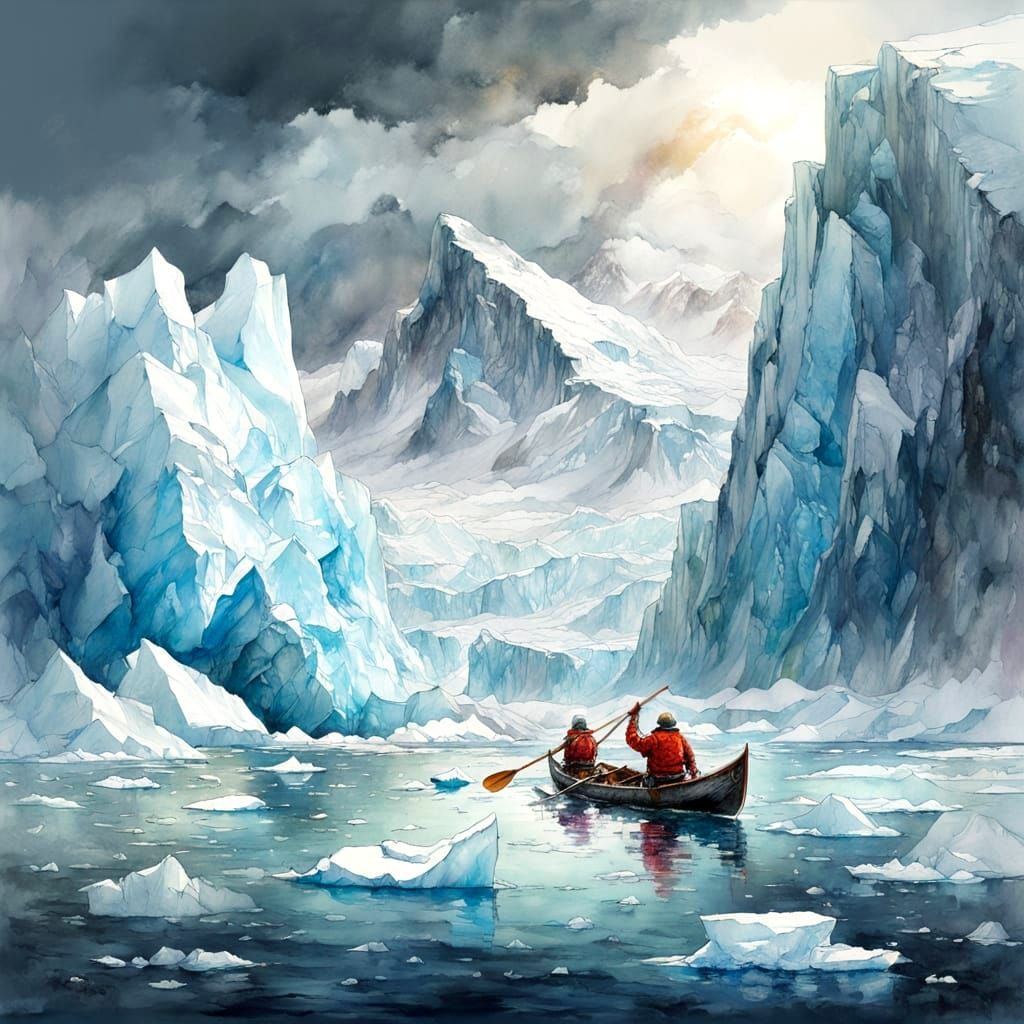 Arctic Canoe Expedition in Watercolor Style