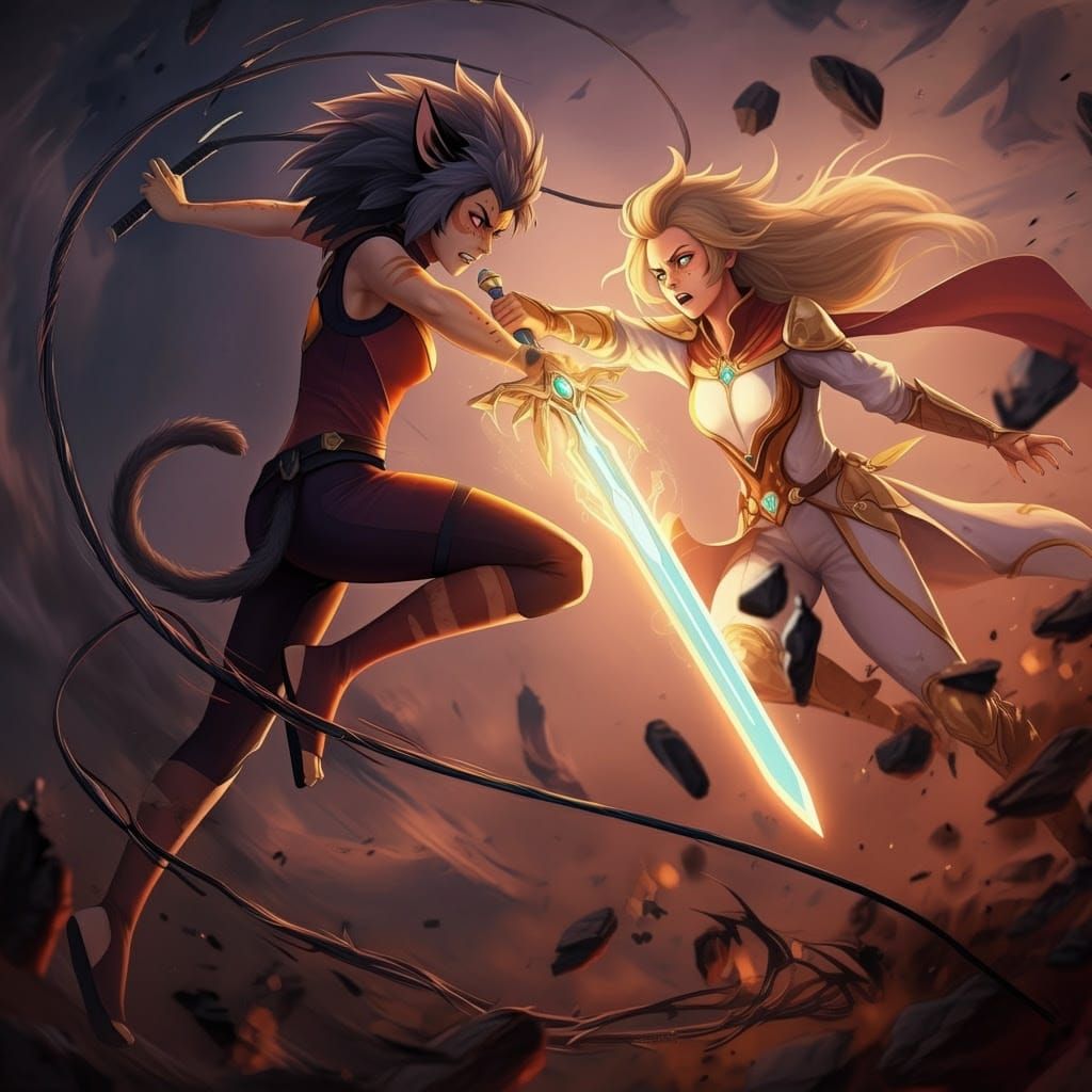 Fierce Anime-Inspired Battle Scene of Catra vs She-Ra