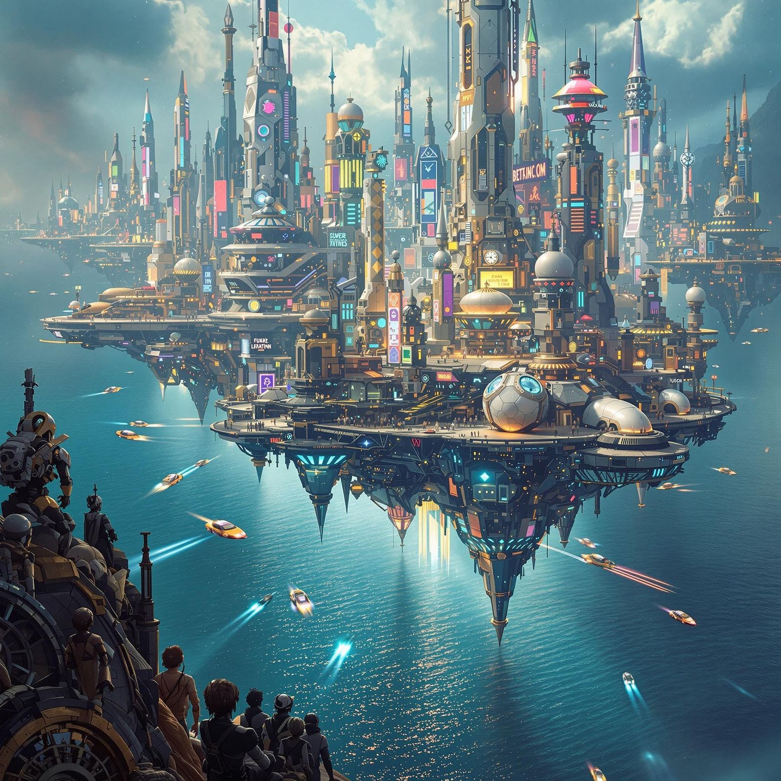 Surreal Futuristic Cityscape Suspended Above the Sea in Cybe...