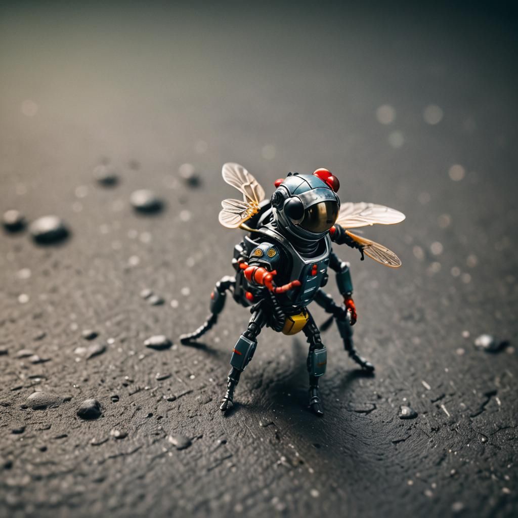Tiny Spaceman Rides a Fly in Macro Photography