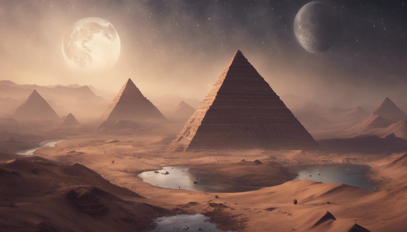 Desert Pyramid Moon River Fantasy Concept Art