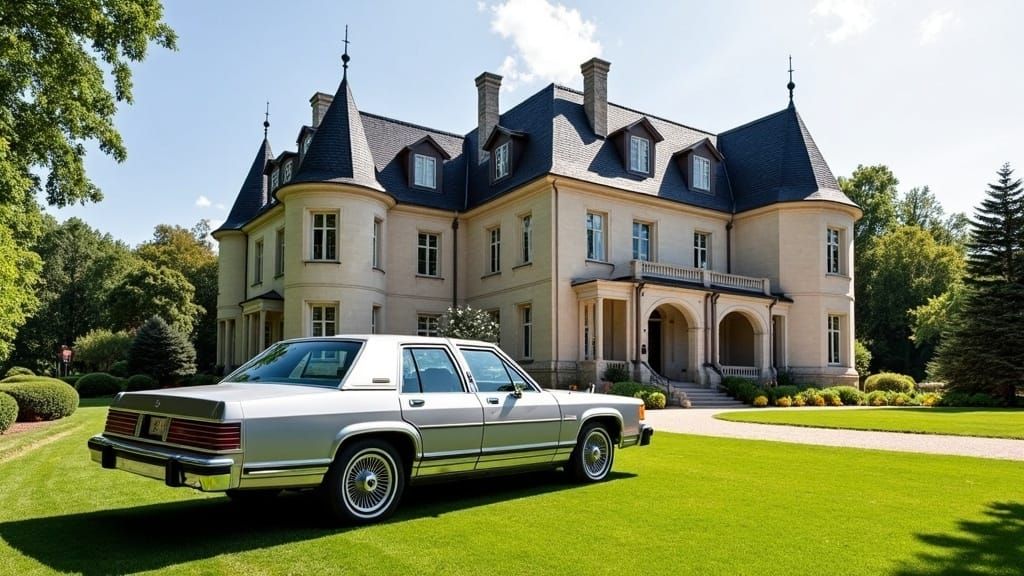 French Chateau Mansion with Vintage Ford Grand Marquis in El...