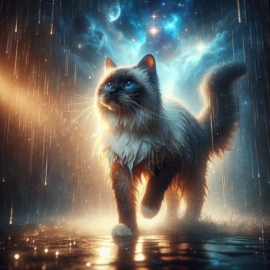 Siamese Cat Bathed in Mystical Celestial Rain