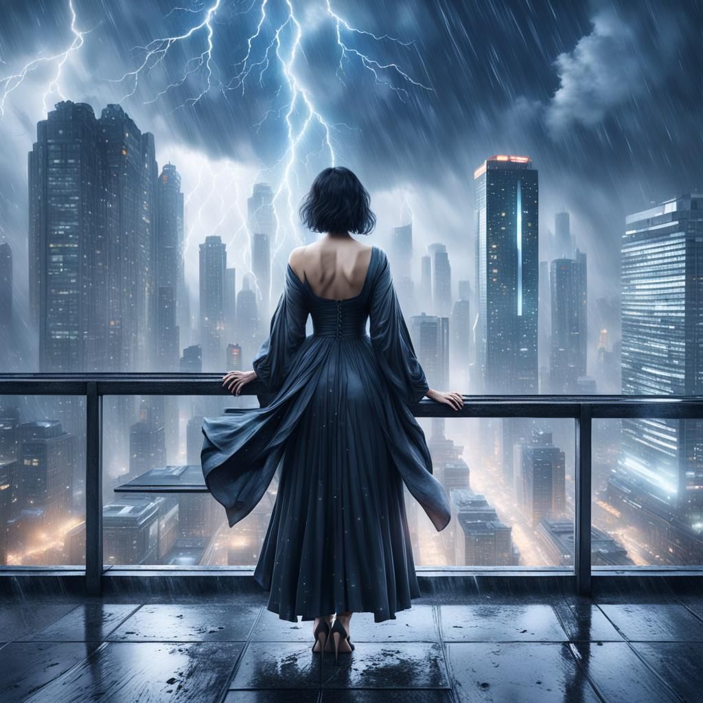 Woman Watching Storm from Skyscraper Balcony