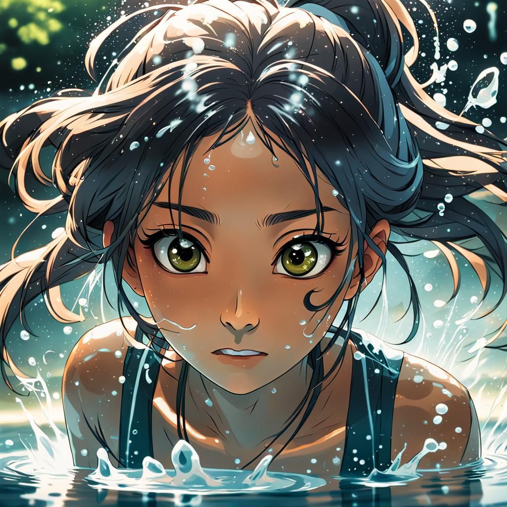 South Asian Girl in Manga Style Playing in Water