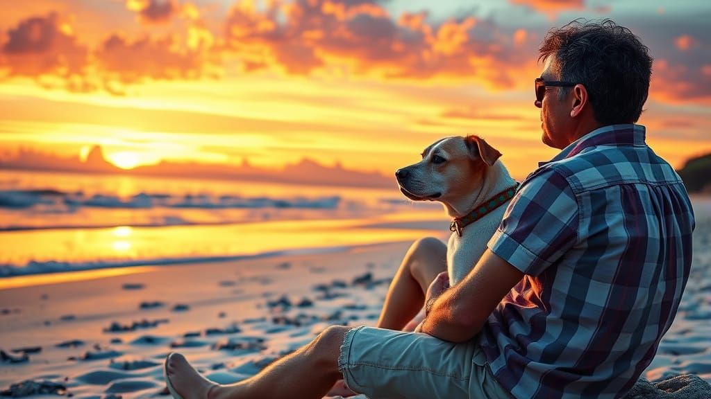 Man and Dog at Sunset: Photorealistic Beach Scene