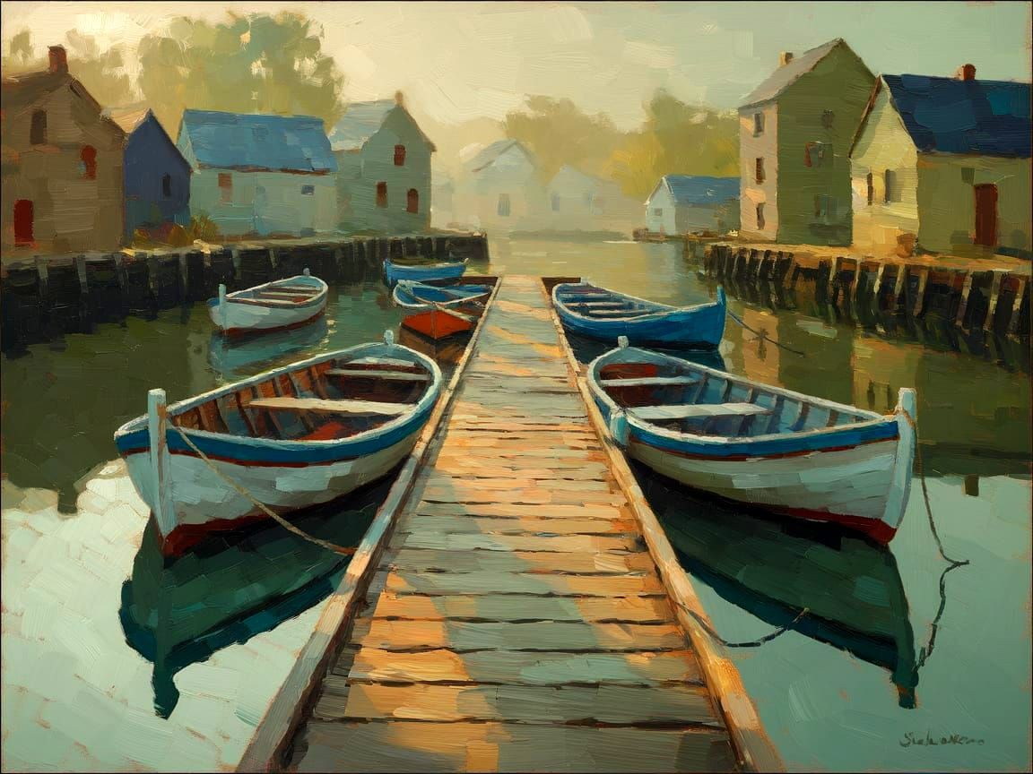 Tranquil Harbor at Dawn: An Impressionist Oil Painting