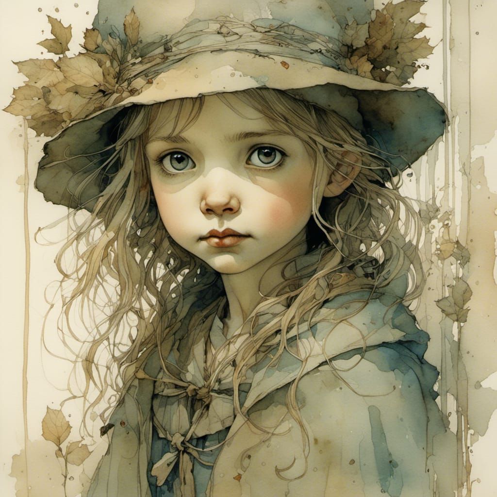 Girl Portrait on Ivory Parchment in Vintage Style