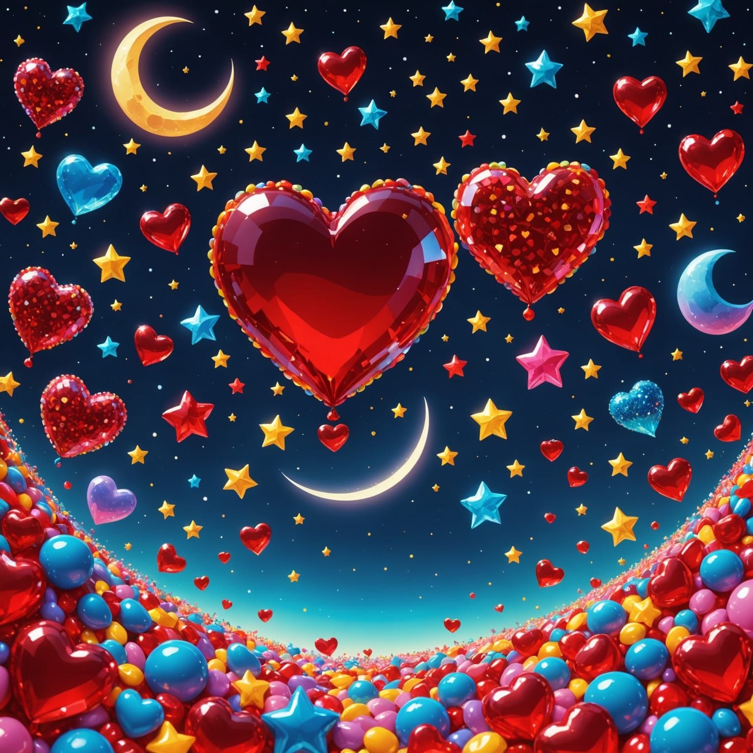 Whimsical Candyland Night Sky with Crescent Moon