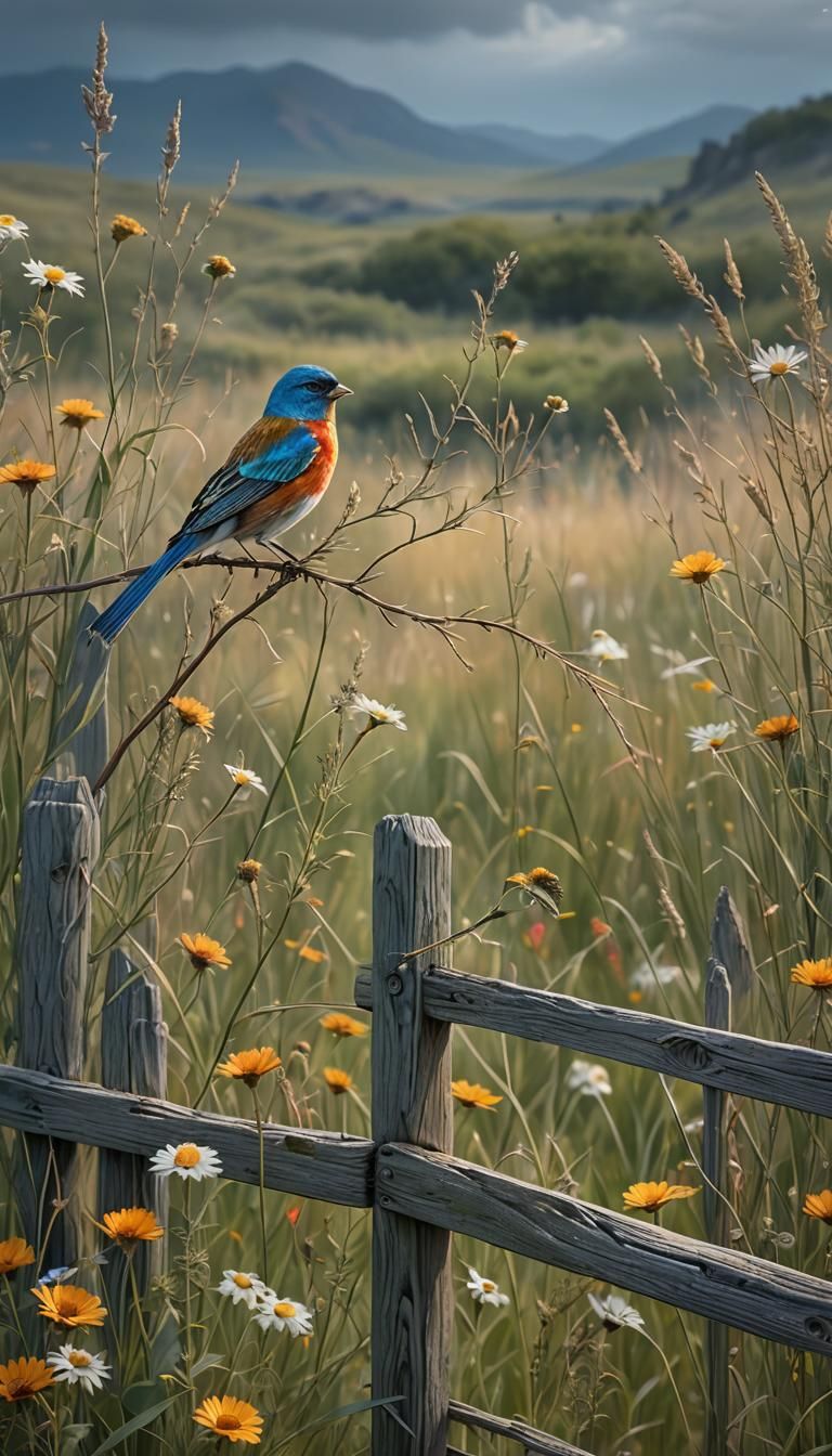 Lazuli Bunting Among Wildflowers: Digital Matte Painting