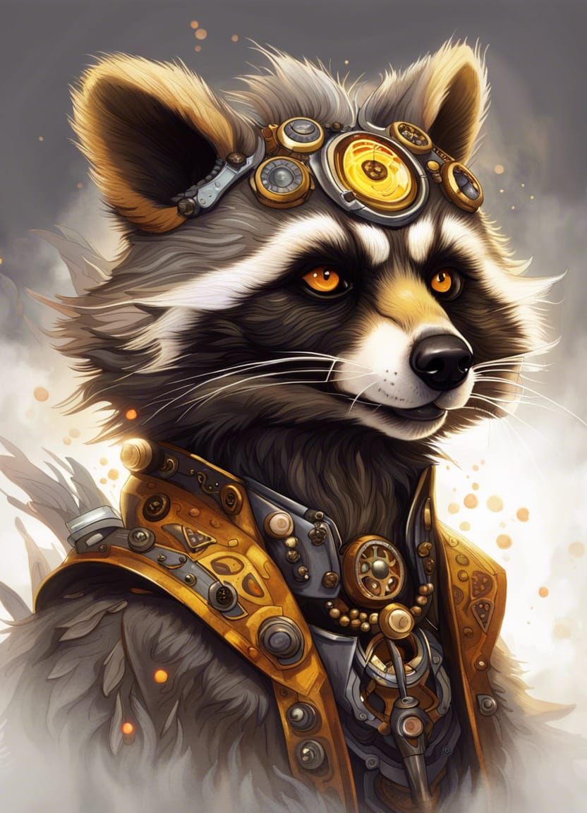 Steampunk Raccoon Portrait with Ornate Details
