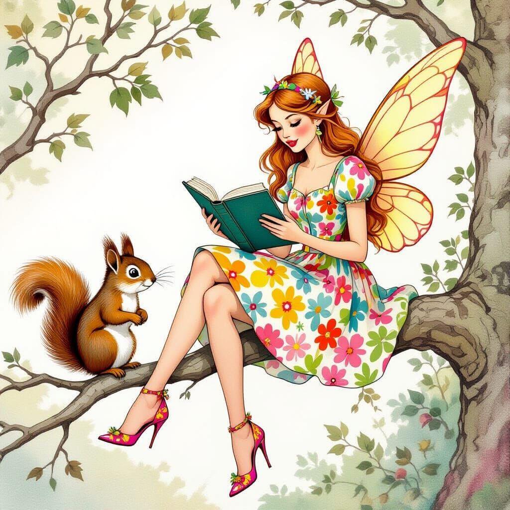 Fairy Reading Book: Whimsical Illustration in Acrylic and In...