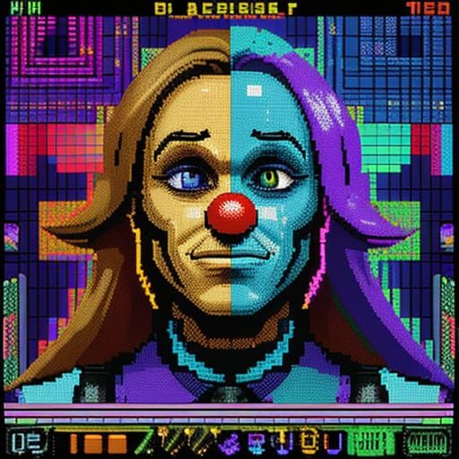 Retro Pixel Art Clown with Fractured Face and Distorted Digi...