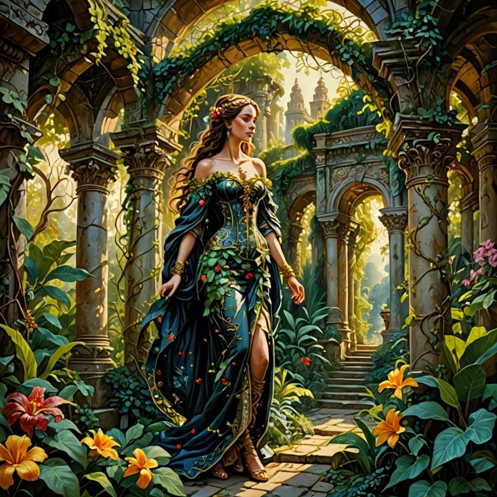 Salammbô in Exotic Garden: Art Nouveau Oil Painting
