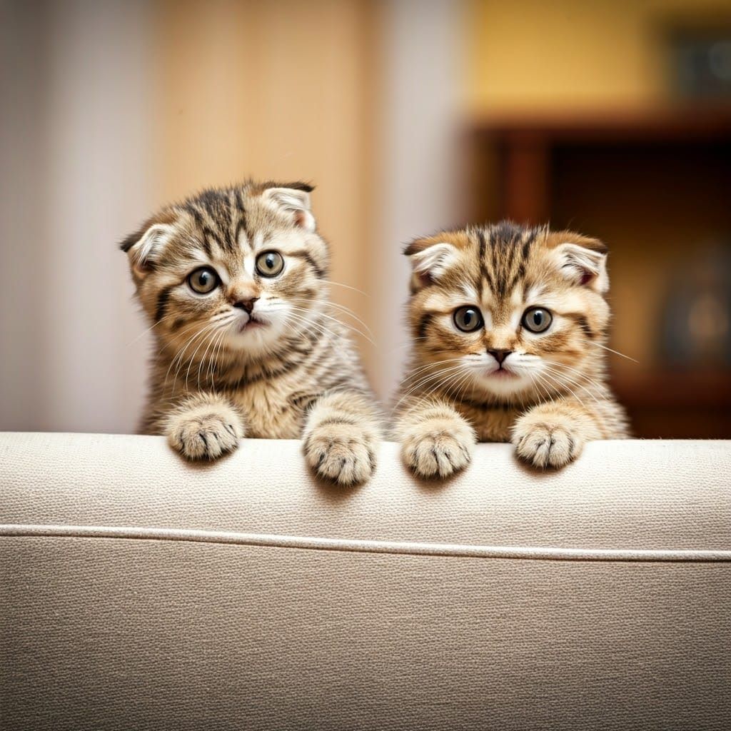 Cute Scottish Fold Kittens Gaze Upward in Warm Living Room