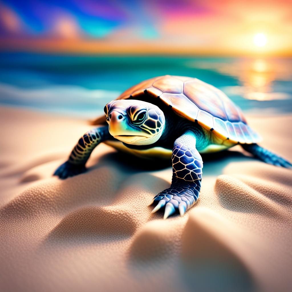 Adorable Baby Turtle on Beach: Cosmic Illustration