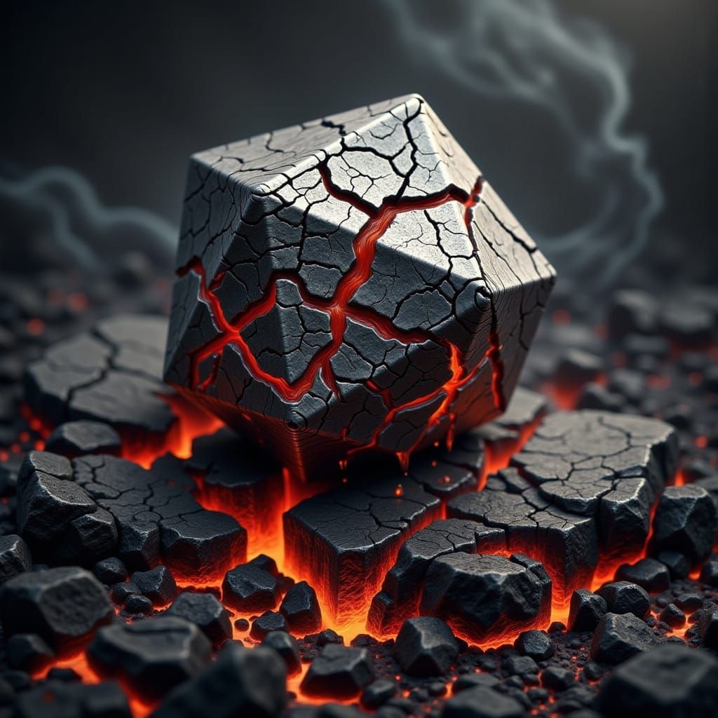 Cracked Metal Dice Oozing Liquid on Volcanic Fissure