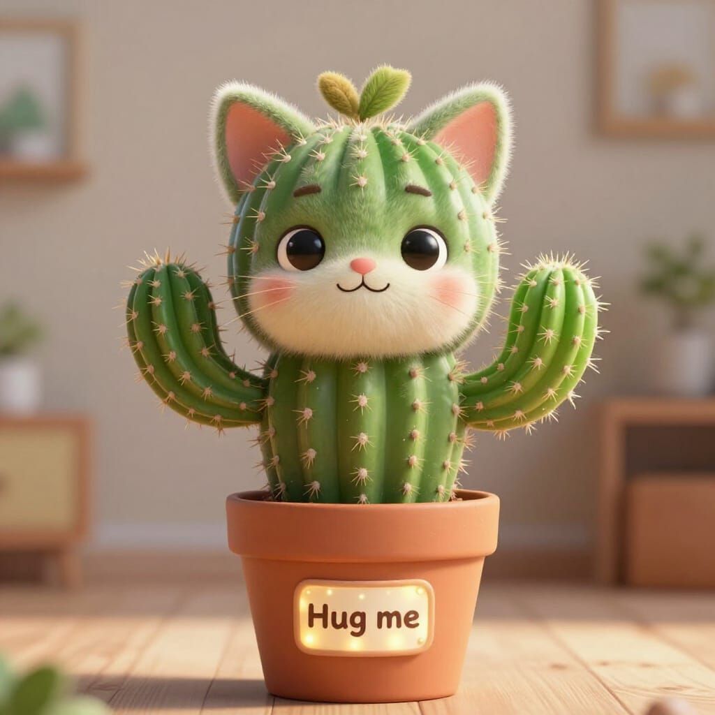 Cute Anthropomorphic Cactus With Cat Ears in Studio Lighting