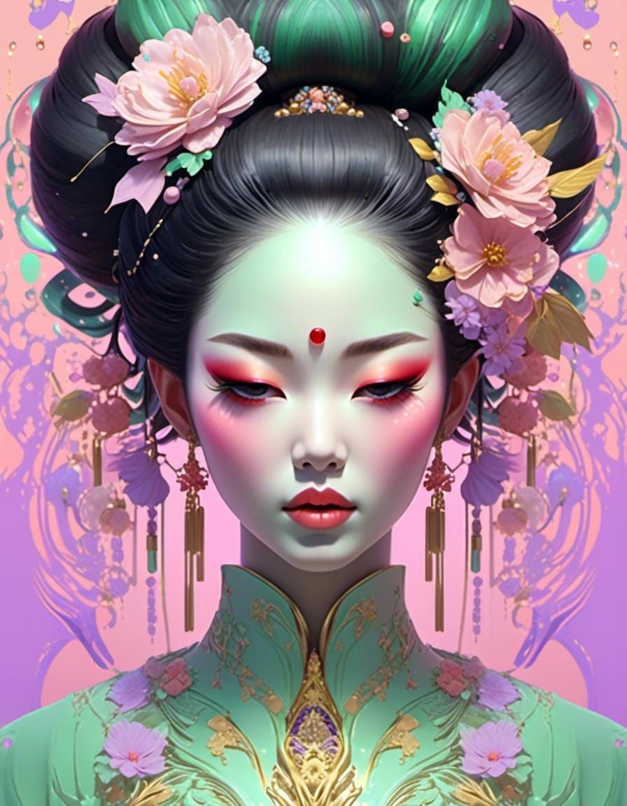 Geisha Portrait with Dripping Paint in Pastel Colors