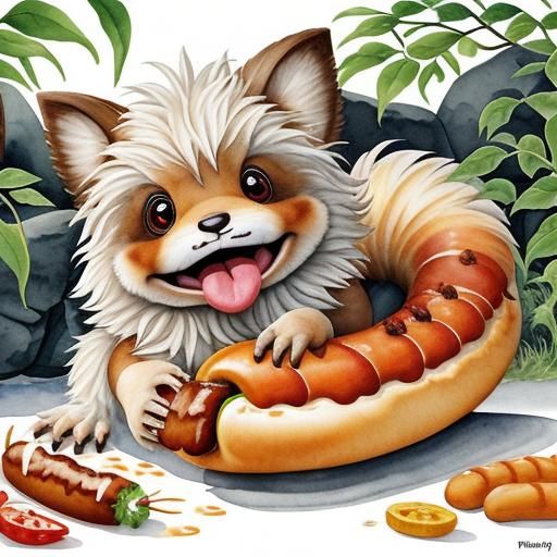 Furry Caterpillar Crawling Hotdog: Watercolour Illustration