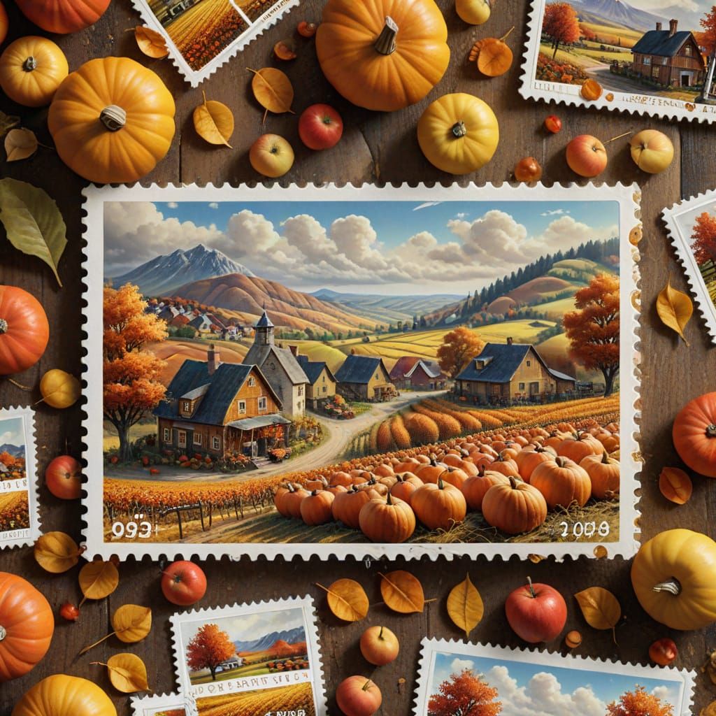 Autumn Harvest Village: Photorealistic Postage Stamp