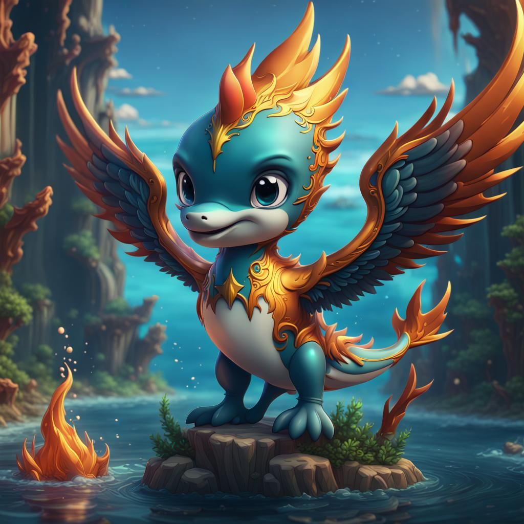 Chibi Phoenix Dolphin in Detailed Digital Art
