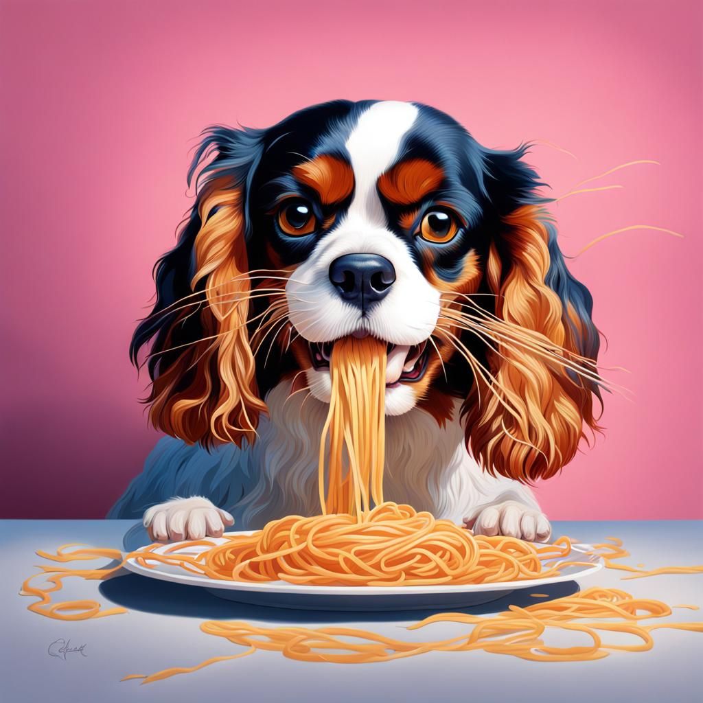 King Charles cavalier eating spaghetti