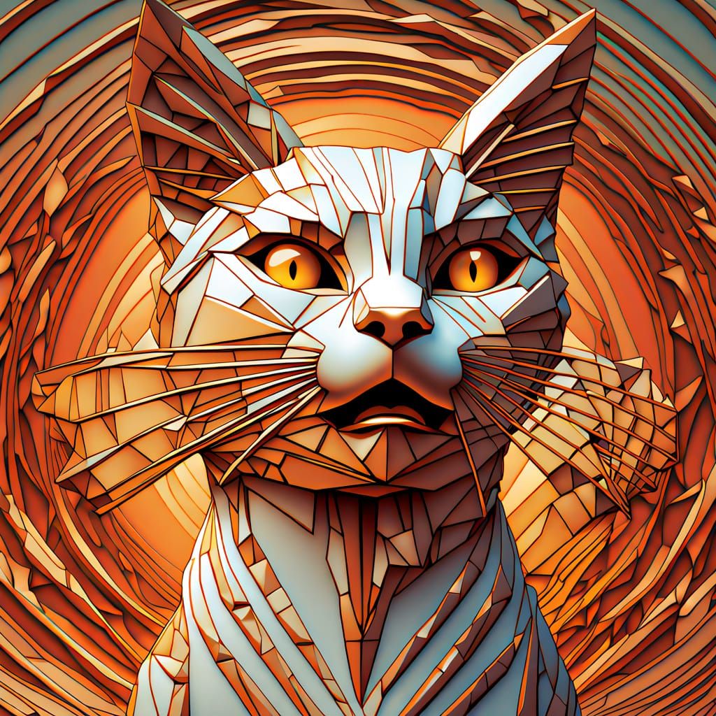 Cubist Sculpture of a Cat with Marmalade Orange and Gold Met...