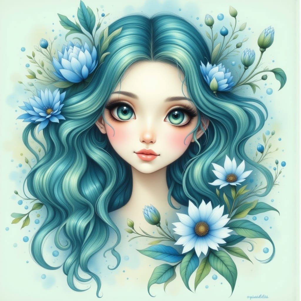 Pretty Woman Portrait With Large Turquoise Eyes in Springtim...