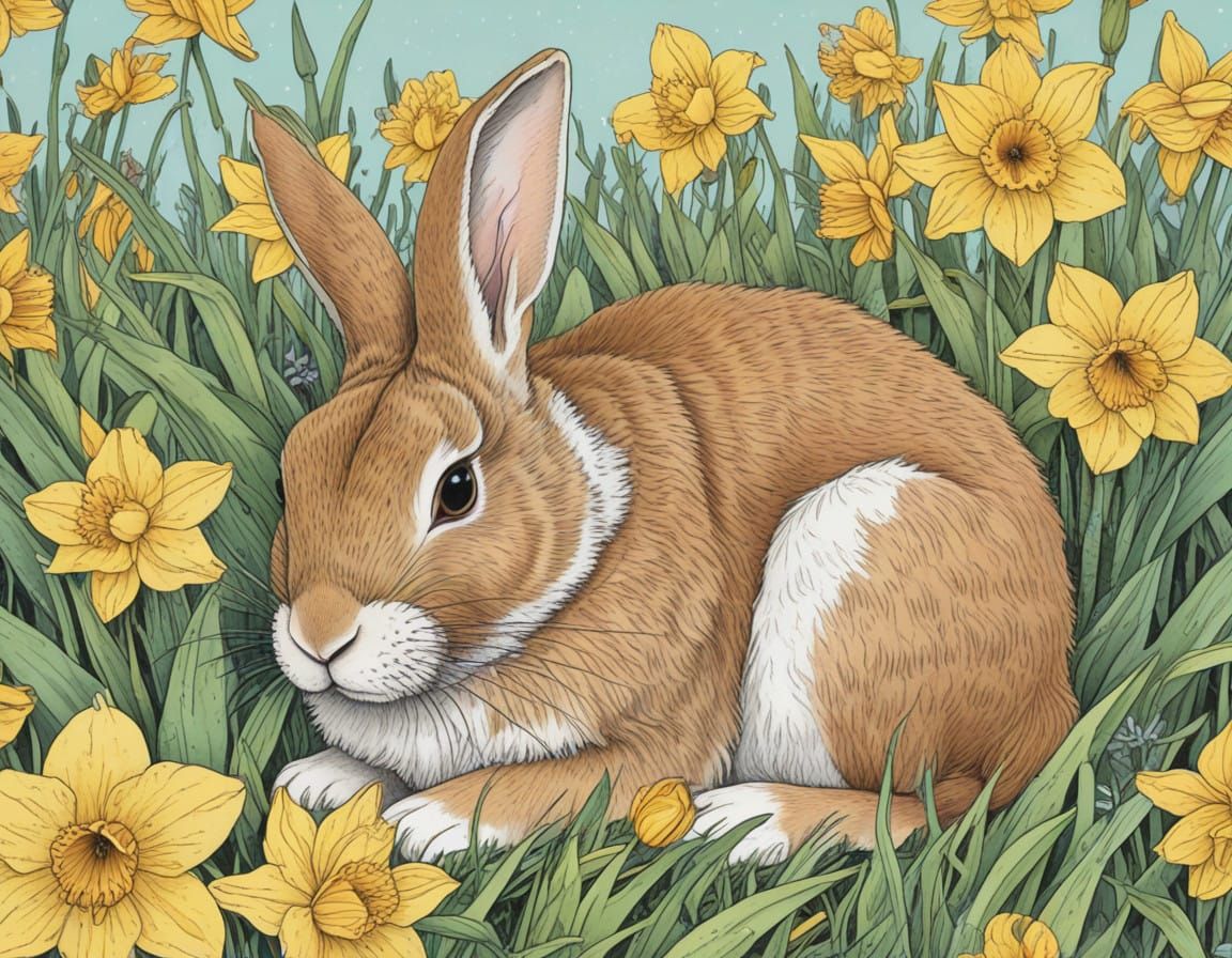 Whimsical Rabbit Amidst Vibrant Daffodils in Ink Drawing