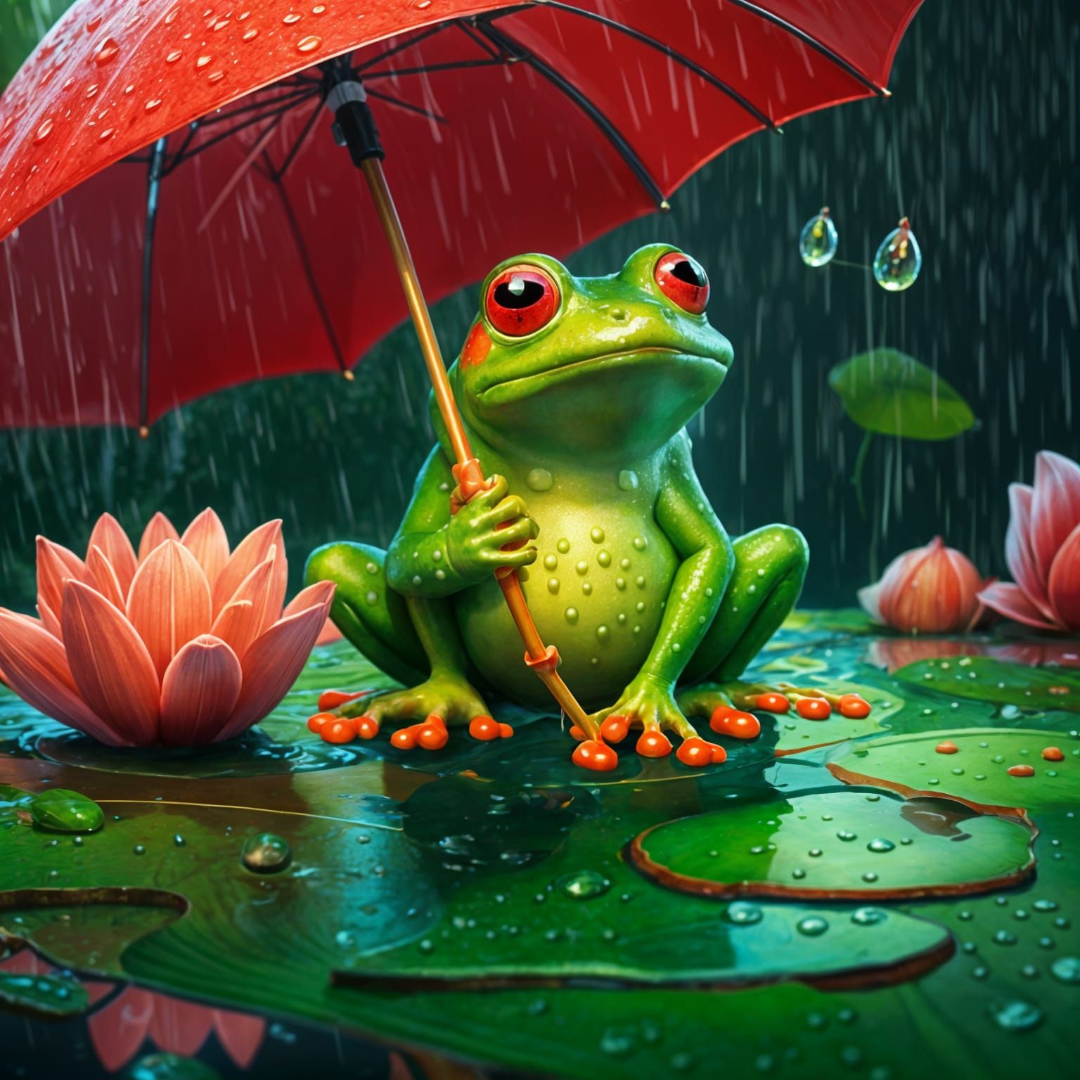 Frog with Umbrella in Rainy Pixar Style