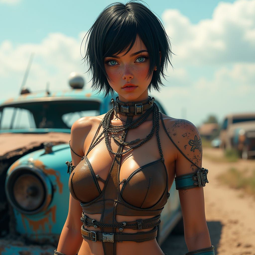 Woman in Mechanic Outfit Next to Wrecked Car